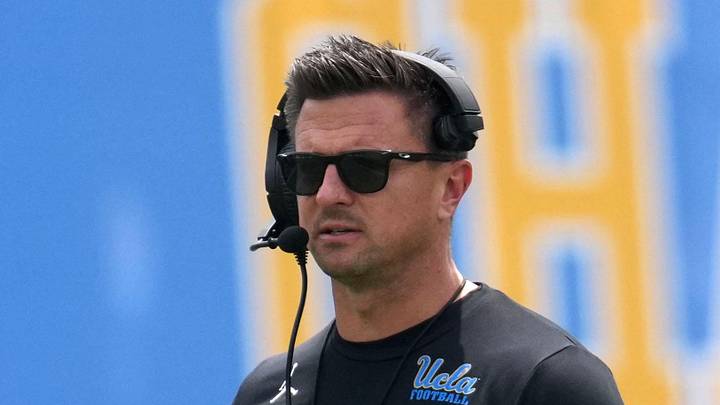 May 2, 2026; Pasadena, CA, USA; UCLA Bruins coach Bob Chesney reacts during the spring game at Rose Bowl. Mandatory Credit: Kirby Lee-Imagn Images