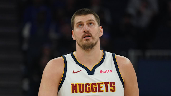 Feb 22, 2026; San Francisco, California, USA; Denver Nuggets center Nikola Jokic (15) looks up at the scoreboard during the first quarter against the Golden State Warriors at Chase Center. Feb 22, 2026; San Francisco, California, USA; Denver Nuggets center Nikola Jokic (15) looks up at the scoreboard during the first quarter against the Golden State Warriors at Chase Center.