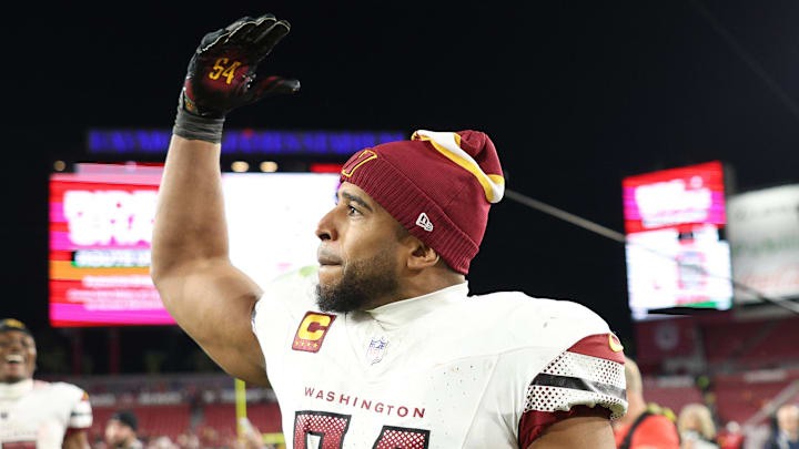 Jan 12, 2025; Tampa, Florida, USA; Washington Commanders linebacker Bobby Wagner (54) celebrates after winning a NFC wild card playoff against the Tampa Bay Buccaneers at Raymond James Stadium. Mandatory Credit: Nathan Ray Seebeck-Imagn Images Jan 12, 2025; Tampa, Florida, USA; Washington Commanders linebacker Bobby Wagner (54) celebrates after winning a NFC wild card playoff against the Tampa Bay Buccaneers at Raymond James Stadium. Mandatory Credit: Nathan Ray Seebeck-Imagn Images