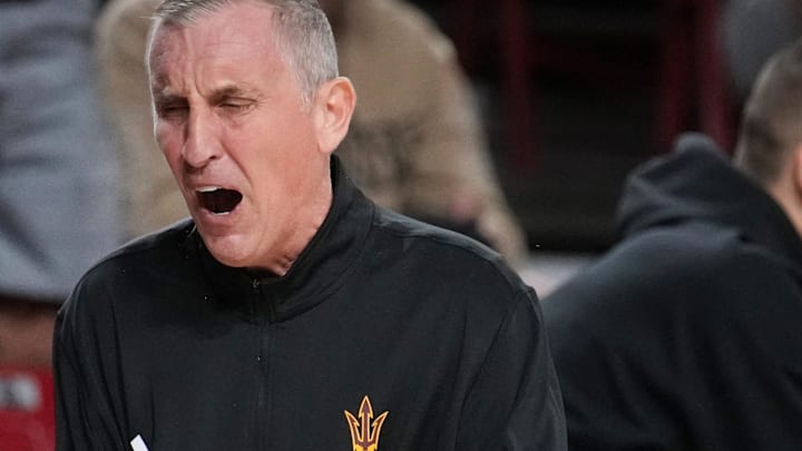 ASU Sun Devils head coach Bobby Hurley reacts after a referee call during their game against the Oregon State Beavers at Desert Financial Arena in Tempe on Dec. 21, 2025.