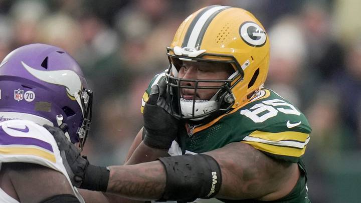 Green Bay Packers guard Aaron Banks blocks against the Vikings last season. Green Bay Packers guard Aaron Banks blocks against the Vikings last season.