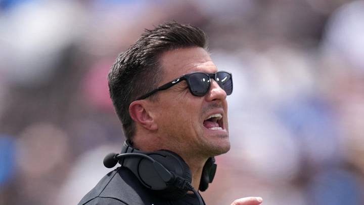 May 2, 2026; Pasadena, CA, USA; UCLA Bruins coach Bob Chesney reacts during the spring game at Rose Bowl. Mandatory Credit: Kirby Lee-Imagn Images