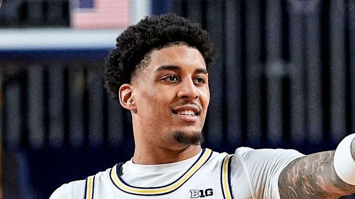 Michigan forward Yaxel Lendeborg (23) celebrates against 3-pointer against Indiana during the second half at Crisler Center in Ann Arbor on Tuesday, Jan. 20, 2026.