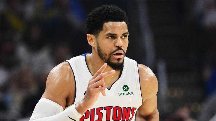 May 9, 2026; Cleveland, Ohio, USA; Detroit Pistons forward Tobias Harris (12) celebrates after hitting a three point basket against the Cleveland Cavaliers during the second half of game three in the second round of the 2026 NBA Playoffs at Rocket Arena. Mandatory Credit: Ken Blaze-Imagn Images