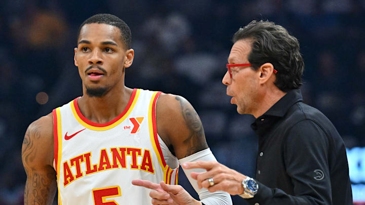Atlanta Hawks guard Dejounte Murray and head coach Quin Snyder