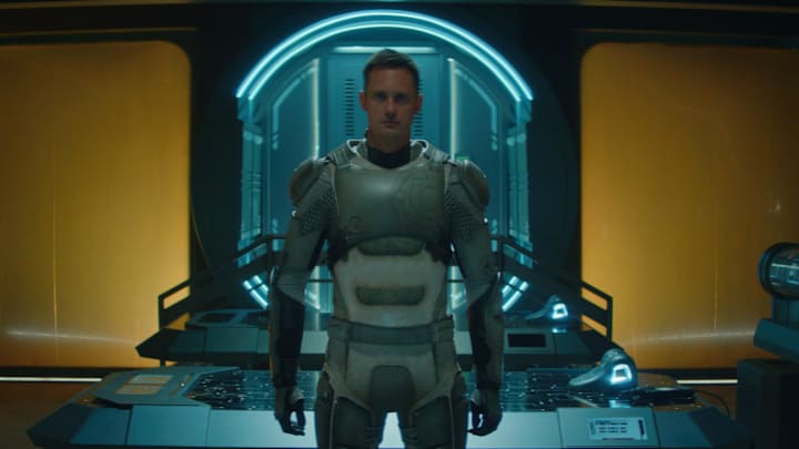 Alexander Skarsgård in "Murderbot," now streaming on Apple TV+.