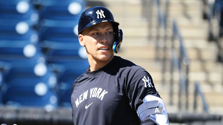 Feb 13, 2026; Tampa, FL, USA;  New York Yankees right fielder Aaron Judge (99) during live batting practice at George M. Steinbrenner Field. Mandatory Credit: Kim Klement Neitzel-Imagn Images