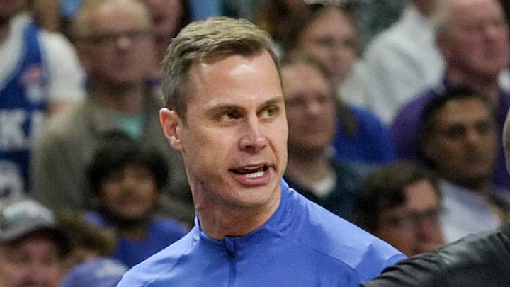 Duke Blue Devils head coach Jon Scheyer talks to a referee March 21, 2026 during the NCAA Men’s Basketball Tournament second round East Region game with TCU at the Bon Secours Wellness Arena in Greenville, South Carolina. Duke Blue Devils head coach Jon Scheyer talks to a referee March 21, 2026 during the NCAA Men’s Basketball Tournament second round East Region game with TCU at the Bon Secours Wellness Arena in Greenville, South Carolina.