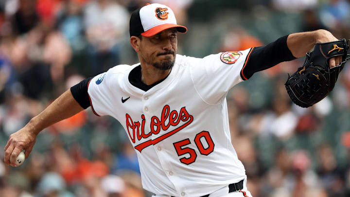 Apr 20, 2025; Baltimore, Maryland, USA; Baltimore Orioles pitcher Charlie Morton (50) makes a throw during the first inning against the Cincinnati Reds at Oriole Park at Camden Yards. Apr 20, 2025; Baltimore, Maryland, USA; Baltimore Orioles pitcher Charlie Morton (50) makes a throw during the first inning against the Cincinnati Reds at Oriole Park at Camden Yards.