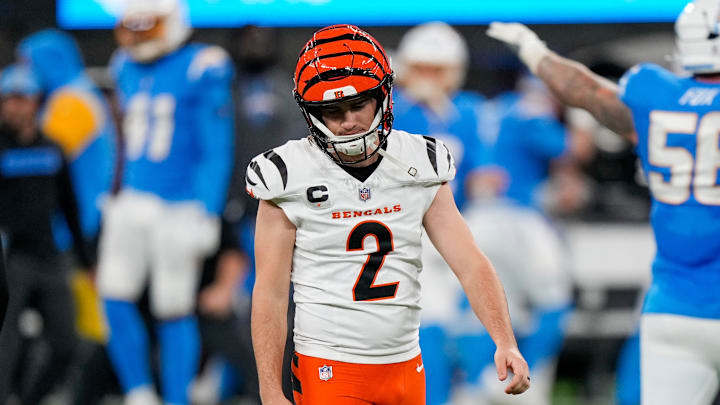 Cincinnati Bengals place kicker Evan McPherson (2) reacts after missing a second go-ahead field goal attempt in the fourth quarter of the NFL Week 11 game between the Los Angeles Chargers and the Cincinnati Bengals at SoFi Stadium in Inglewood, Calif., on Sunday, Nov. 17, 2024. The Chargers won 34-27.