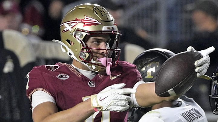 Nov 1, 2025; Tallahassee, Florida, USA; Florida State Seminoles wide receiver Duce Robinson (0) celebrates a pass catch during the second half against the Wake Forest Demon Deacons at Doak S. Campbell Stadium. Mandatory Credit: Melina Myers-Imagn Images