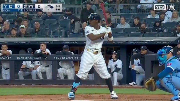 New York Yankees second baseman Jazz Chisholm Jr. waits to hit a pitch.