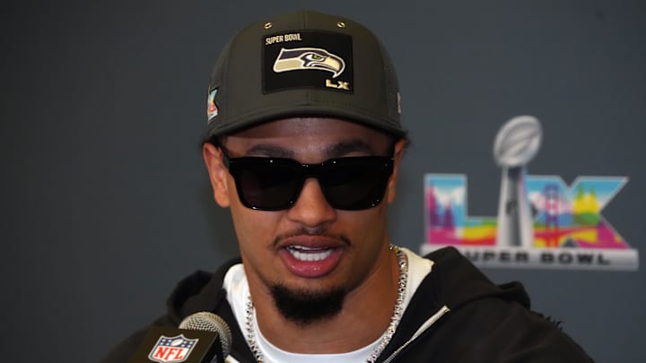 Feb 3, 2026; San Jose, CA, USA; Seattle Seahawks wide receiver Jaxon Smith-Njigba (11) speaks to the media at Super Bowl LX press conference at the San Jose Convention Center. Mandatory Credit: Kirby Lee-Imagn Images