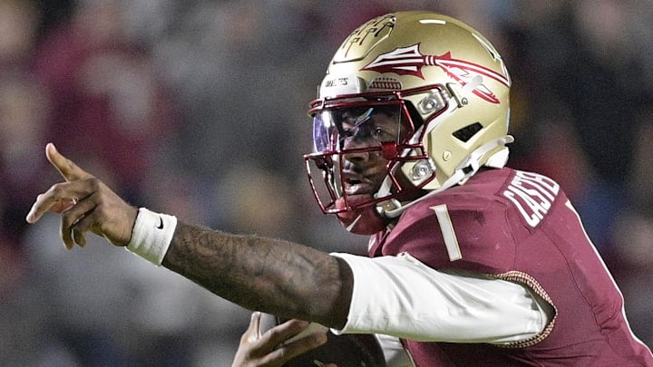 Nov 1, 2025; Tallahassee, Florida, USA; Florida State Seminoles quarterback Tommy Castellanos (1) runs the ball during the second half against the Wake Forest Demon Deacons at Doak S. Campbell Stadium. Mandatory Credit: Melina Myers-Imagn Images