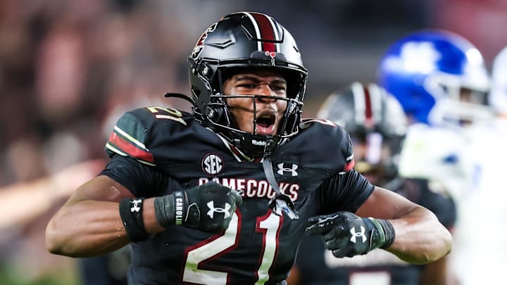 Nov 18, 2023; Columbia, South Carolina, USA; South Carolina Gamecocks defensive back Nick Emmanwori (21) celebrates a play against the Kentucky Wildcats in the second half at Williams-Brice Stadium.