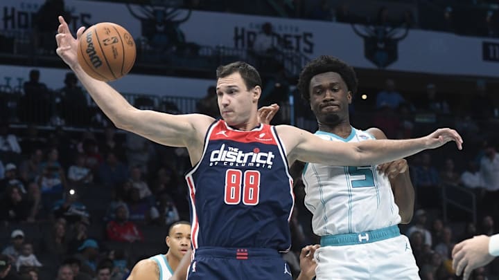 Nov 8, 2023; Charlotte, North Carolina, USA; Washington Wizards forward Danilo Gallinari (88) gets a rebound during the first half against the Charlotte Hornets at the Spectrum Center. Mandatory Credit: Sam Sharpe-Imagn Images Nov 8, 2023; Charlotte, North Carolina, USA; Washington Wizards forward Danilo Gallinari (88) gets a rebound during the first half against the Charlotte Hornets at the Spectrum Center. Mandatory Credit: Sam Sharpe-Imagn Images