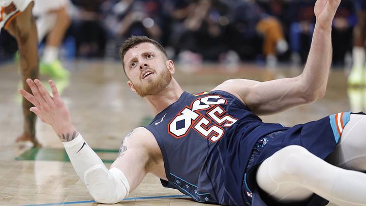 Apr 22, 2026; Oklahoma City, Oklahoma, USA; Oklahoma City Thunder center Isaiah Hartenstein (55) reacts after falling to the floor during a play against the Phoenix Suns in the second half during game two of the first round of the 2026 NBA Playoffs at Paycom Center. Mandatory Credit: Alonzo Adams-Imagn Images Apr 22, 2026; Oklahoma City, Oklahoma, USA; Oklahoma City Thunder center Isaiah Hartenstein (55) reacts after falling to the floor during a play against the Phoenix Suns in the second half during game two of the first round of the 2026 NBA Playoffs at Paycom Center. Mandatory Credit: Alonzo Adams-Imagn Images