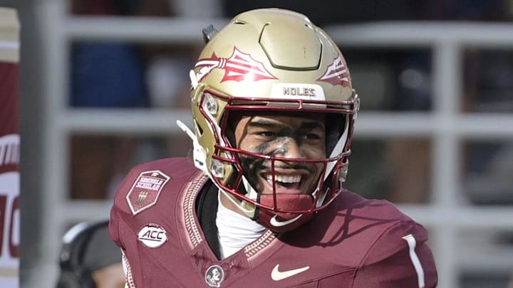 Aug 30, 2025; Tallahassee, Florida, USA; Florida State Seminoles quarterback Tommy Castellanos (1) celebrates with wide receiver Micahi Danzy (19) after a touchdown against the Alabama Crimson Tide during the second half at Doak S. Campbell Stadium. Mandatory Credit: Melina Myers-Imagn Images Aug 30, 2025; Tallahassee, Florida, USA; Florida State Seminoles quarterback Tommy Castellanos (1) celebrates with wide receiver Micahi Danzy (19) after a touchdown against the Alabama Crimson Tide during the second half at Doak S. Campbell Stadium. Mandatory Credit: Melina Myers-Imagn Images