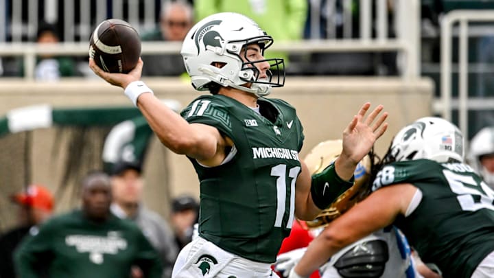 Michigan State's Alessio Milivojevic throws a pass against UCLA during the third quarter on Saturday, Oct. 11, 2025, at Spartan Stadium in East Lansing.
