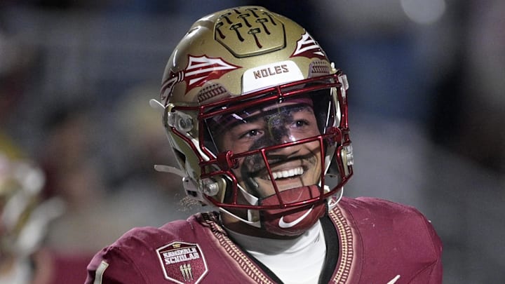 Nov 1, 2025; Tallahassee, Florida, USA; Florida State Seminoles quarterback Tommy Castellanos (1) celebrates a touchdown during the second half against the Wake Forest Demon Deacons at Doak S. Campbell Stadium. Mandatory Credit: Melina Myers-Imagn Images