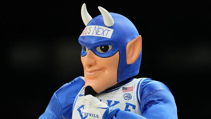 Apr 4, 2025; San Antonio, TX, USA; The Duke Blue Devils mascot during a practice session for the Final Four of the 2025 NCAA tournament at Alamodome. Mandatory Credit: Bob Donnan-Imagn Images