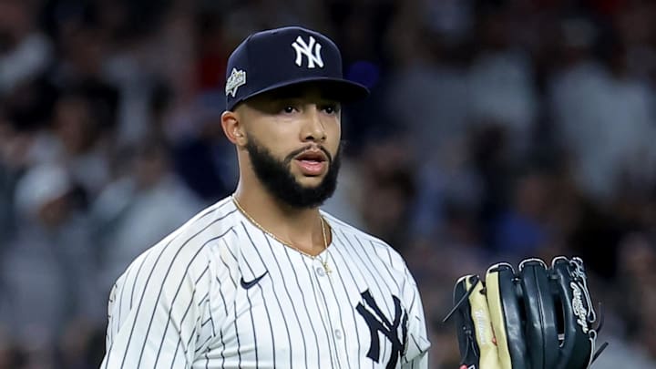 Oct 1, 2025; Bronx, New York, USA; New York Yankees relief pitcher Devin Williams (38) reacts during the eighth inning of game two of the Wildcard round of the 2025 MLB playoffs against the Boston Red Sox at Yankee Stadium. Mandatory Credit: Brad Penner-Imagn Images Oct 1, 2025; Bronx, New York, USA; New York Yankees relief pitcher Devin Williams (38) reacts during the eighth inning of game two of the Wildcard round of the 2025 MLB playoffs against the Boston Red Sox at Yankee Stadium. Mandatory Credit: Brad Penner-Imagn Images