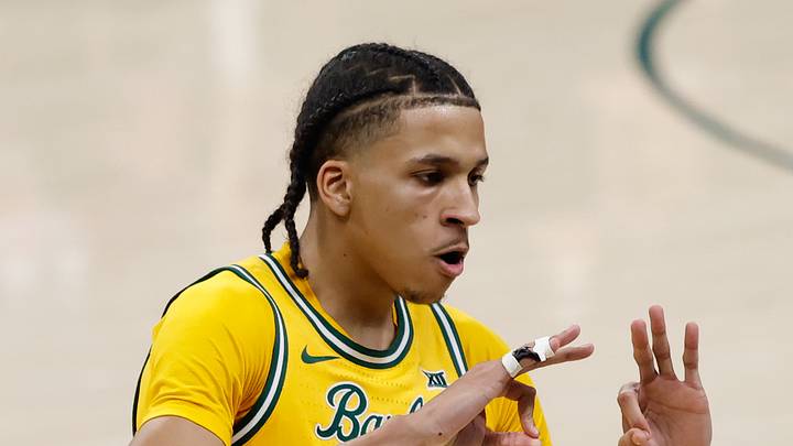 Mar 7, 2026; Waco, Texas, USA;  Baylor Bears guard Cameron Carr (43) reacts after scoring a three-point basket against the Utah Utes during the second half at Paul and Alejandra Foster Pavilion. Mandatory Credit: Chris Jones-Imagn Images