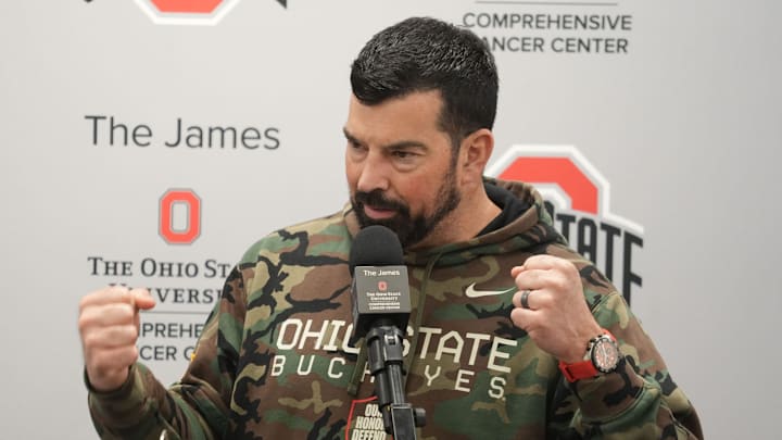 Ohio State Football coach Ryan Day gestures during an April 7, 2025 news conference at the Woody Hayes Athletic Center.