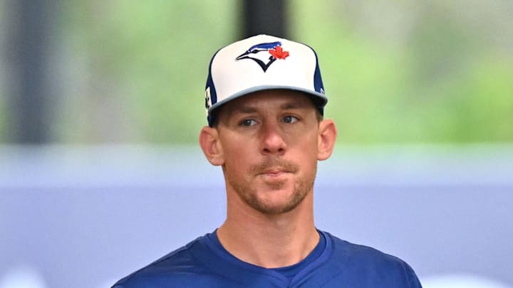 Feb 20, 2025; Dunedin, FL, USA; Toronto Blue Jays pitcher Chris Bassitt (40) looks on during spring training  at Cecil B. Englebert Complex.  Mandatory Credit: Jonathan Dyer-Imagn Images