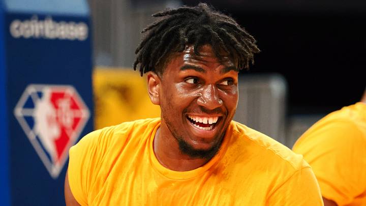 May 20, 2022; San Francisco, California, USA; Golden State Warriors center Kevon Looney (5) smiles during warm ups before game two of the 2022 western conference finals against the Dallas Mavericks at Chase Center. Mandatory Credit: Kelley L Cox-USA TODAY Sports