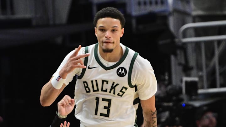 Milwaukee Bucks guard Ryan Rollins (13) reacts after scoring a 3-point basket in the 3rd quarter against the New York Knicks at Fiserv Forum on October 28, 2025.