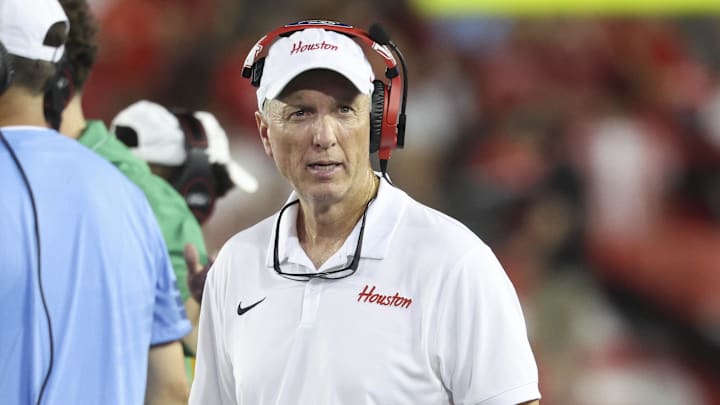 Aug 28, 2025; Houston, Texas, USA; Houston Cougars head coach Willie Fritz walks on the sideline during the game against the Stephen F. Austin Lumberjacks at TDECU Stadium. Mandatory Credit: Troy Taormina-Imagn Images