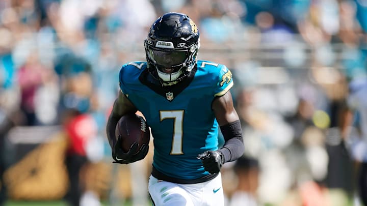 Jacksonville Jaguars wide receiver Brian Thomas Jr. (7) sprints on a catch and run during the fourth quarter of an NFL football matchup at EverBank Stadium, Sunday, Sept. 21, 2025, in Jacksonville, Fla. The Jaguars defeated the Texans 17-10.