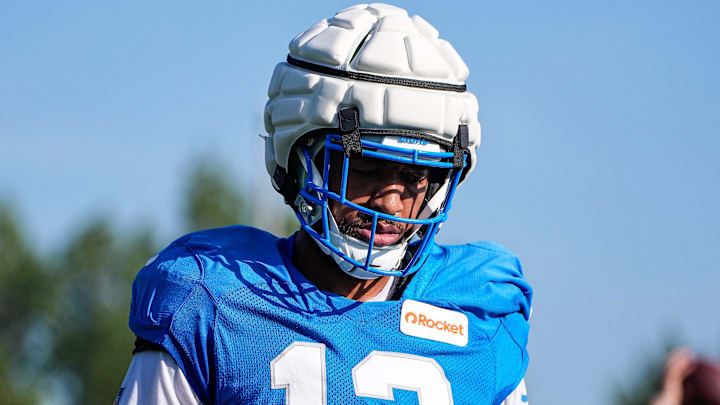 Detroit Lions wide receiver Tim Patrick (12) practices during training camp at Meijer Performance Center in Allen Park on Monday, July 28, 2025.