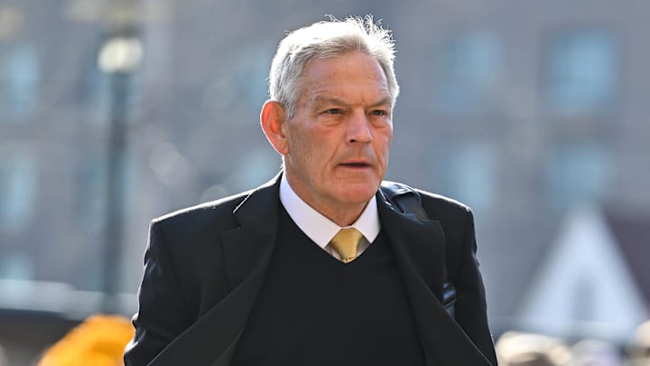 Nov 22, 2025; Iowa City, Iowa, USA; Iowa Hawkeyes head coach Kirk Ferentz enters Kinnick Stadium before the game against the Michigan State Spartans. Mandatory Credit: Jeffrey Becker-Imagn Images