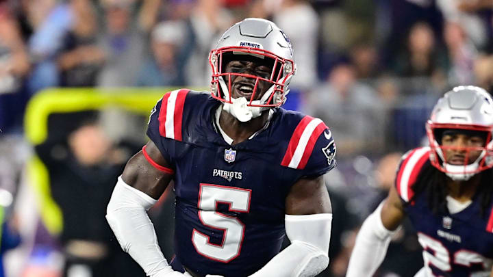 Sep 10, 2023; Foxborough, Massachusetts, USA; New England Patriots safety Jabrill Peppers (5) reacts to his forced fumble during the second half against the Philadelphia Eagles at Gillette Stadium. Mandatory Credit: Eric Canha-Imagn Images