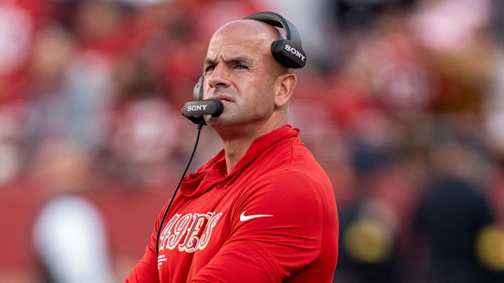 August 23, 2025; Santa Clara, California, USA; San Francisco 49ers defensive coordinator Robert Saleh before the game against the Los Angeles Chargers at Levi's Stadium. Mandatory Credit: Kyle Terada-Imagn Images