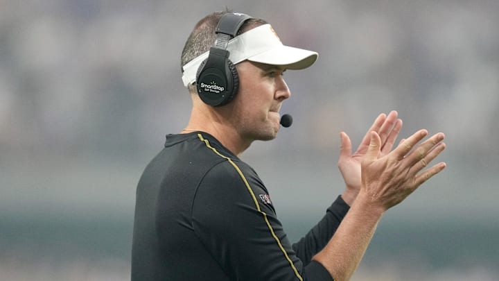 Sep 1, 2024; Paradise, Nevada, USA; Southern California Trojans head coach Lincoln Riley reacts in the first half against the LSU Tigers at Allegiant Stadium. Mandatory Credit: Kirby Lee-Imagn Images