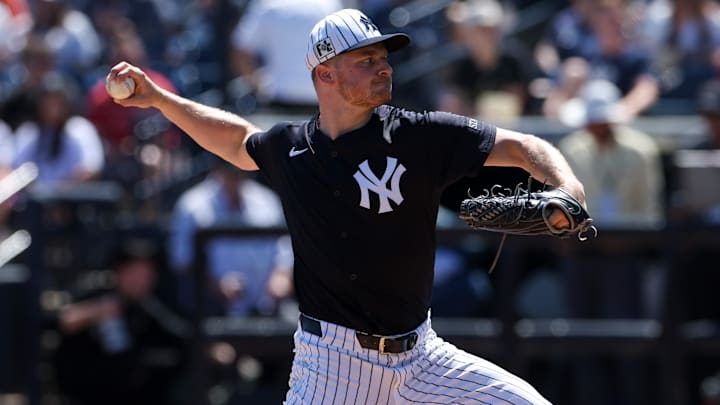 Mar 11, 2025; Tampa, Florida, USA; New York Yankees pitcher Clarke Schmidt (36) throws a pitch against the Baltimore Orioles in the first inning during spring training at George M. Steinbrenner Field. Mar 11, 2025; Tampa, Florida, USA; New York Yankees pitcher Clarke Schmidt (36) throws a pitch against the Baltimore Orioles in the first inning during spring training at George M. Steinbrenner Field.