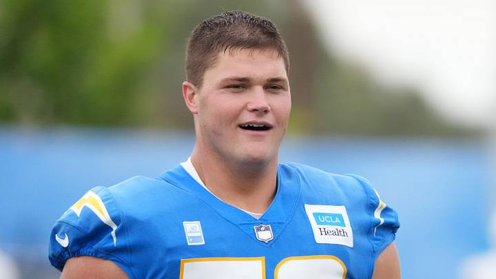 Jul 21, 2025; El Segundo, CA, USA; Los Angeles Chargers tackle Joe Alt (76) at training camp at The Bolt. Mandatory Credit: Kirby Lee-Imagn Images Jul 21, 2025; El Segundo, CA, USA; Los Angeles Chargers tackle Joe Alt (76) at training camp at The Bolt. Mandatory Credit: Kirby Lee-Imagn Images