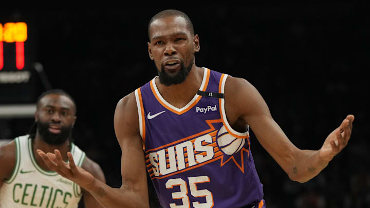 Phoenix Suns forward Kevin Durant reacts after a foul call against the Boston Celtics. Phoenix Suns forward Kevin Durant reacts after a foul call against the Boston Celtics.