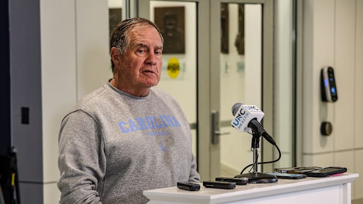 Bill Belichick speaking to the press before UNC's first practice of fall camp on Aug. 2, 2025.