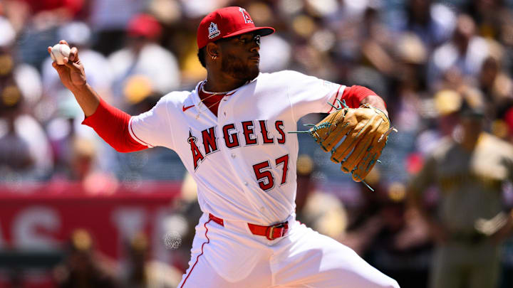 Apr 19, 2026; Anaheim, California, USA; Los Angeles Angels pitcher Walbert Urena (57) delivers during the first inning against the San Diego Padres at Angel Stadium. Mandatory Credit: William Liang-Imagn Images