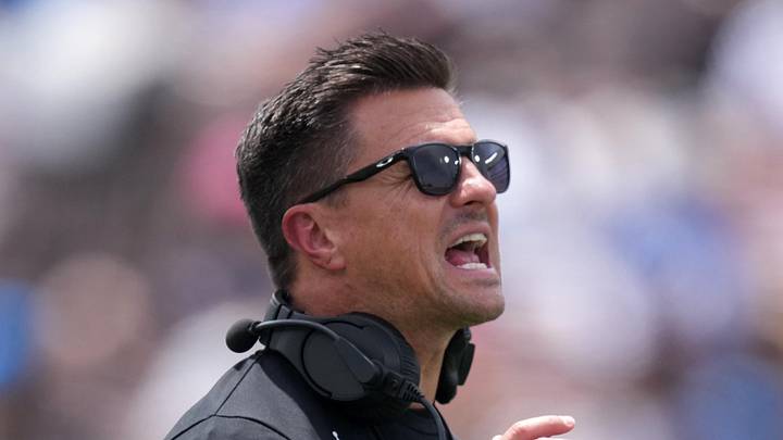 May 2, 2026; Pasadena, CA, USA; UCLA Bruins coach Bob Chesney reacts during the spring game at Rose Bowl. Mandatory Credit: Kirby Lee-Imagn Images