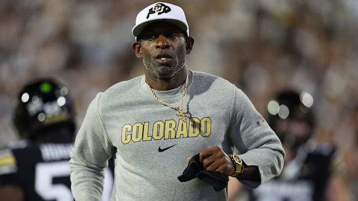Colorado Buffaloes coach Deion Sanders before the game against the Wyoming Cowboys at Folsom Field. Colorado Buffaloes coach Deion Sanders before the game against the Wyoming Cowboys at Folsom Field.