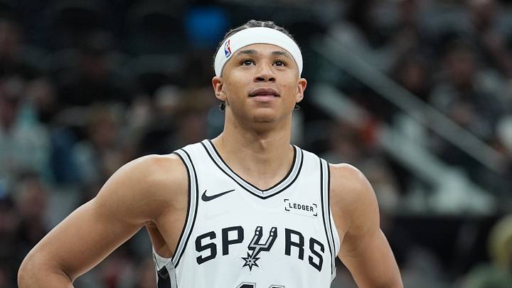 Mar 30, 2026; San Antonio, Texas, USA;  San Antonio Spurs forward Carter Bryant (11) looks up in the second half against the Chicago Bulls at Frost Bank Center. Mandatory Credit: Daniel Dunn-Imagn Images