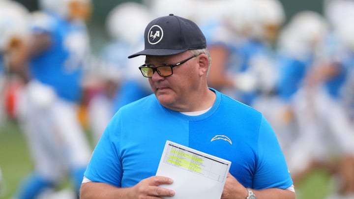 Jul 21, 2025; El Segundo, CA, USA; Los Angeles Chargers offensive coordinator Greg Roman at training camp at The Bolt. Mandatory Credit: Kirby Lee-Imagn Images Jul 21, 2025; El Segundo, CA, USA; Los Angeles Chargers offensive coordinator Greg Roman at training camp at The Bolt. Mandatory Credit: Kirby Lee-Imagn Images