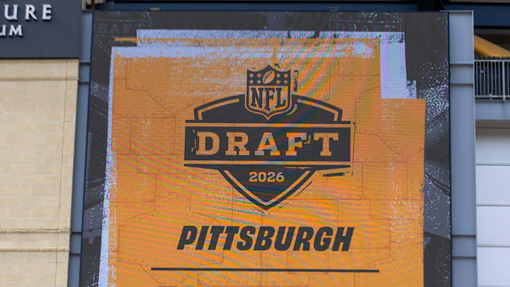An advertisment for the 2026 NFL Draft is displayed on a video board outside Acrisure Stadium, Wednesday, March 25, 2026 in Pittsburgh, Pa.2