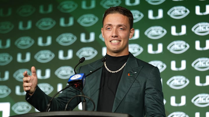 Jul 22, 2025; Charlotte, NC, USA; Miami quarterback Carson Beck answers questions from the media during ACC Media Days at Hilton Charlotte Uptown. Mandatory Credit: Jim Dedmon-Imagn Images