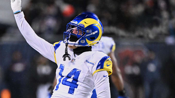 Jan 18, 2026; Chicago, IL, USA; Los Angeles Rams cornerback Cobie Durant (14) reacts to a rushing touchdown scored by running back Kyren Williams (not pictured) against the Chicago Bears during the fourth quarter of an NFC Divisional Round game at Soldier Field. Mandatory Credit: Matt Marton-Imagn Images